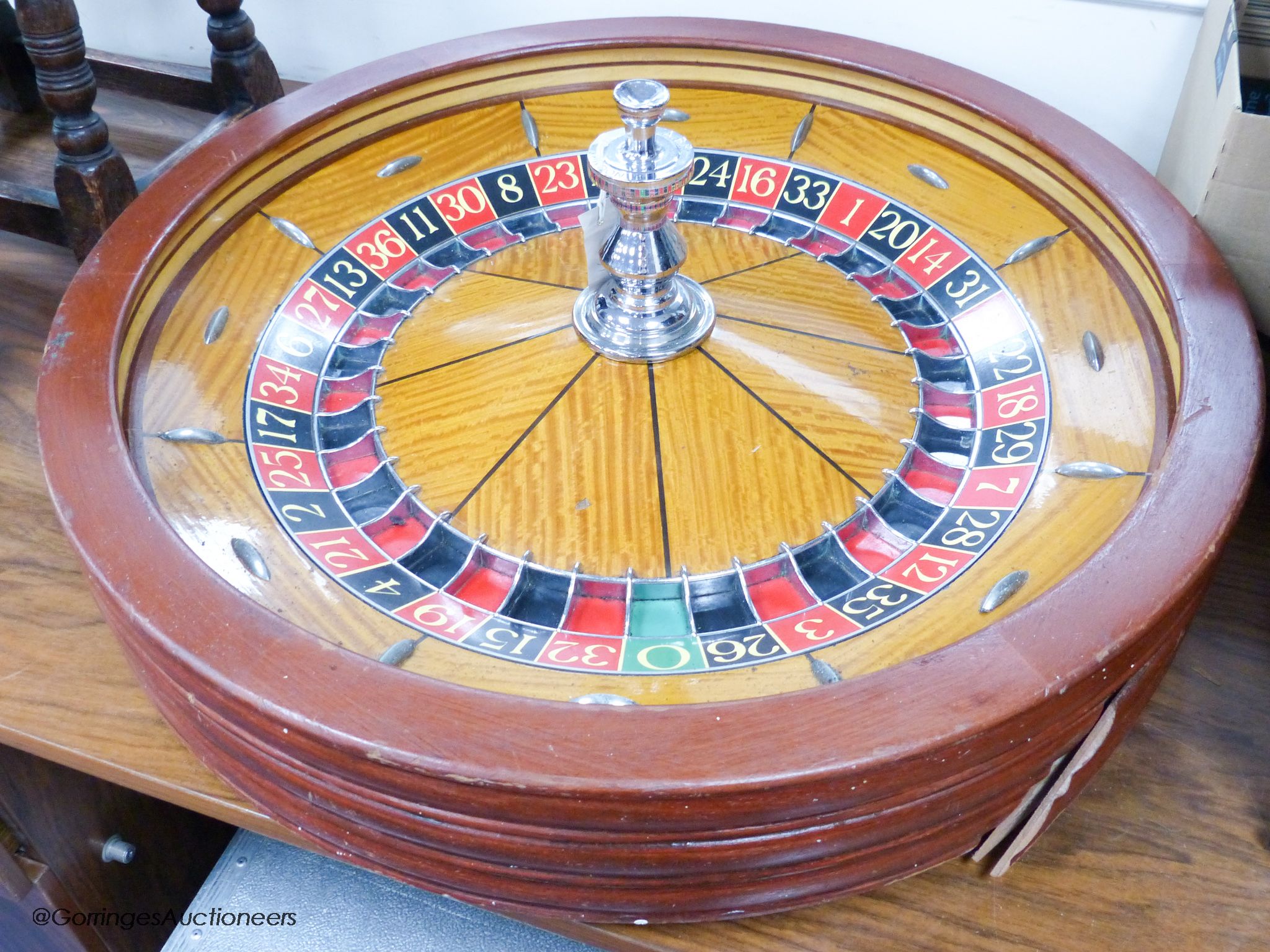 A large A.B.P. London casino roulette wheel, 78 cm diameter, with fitted box